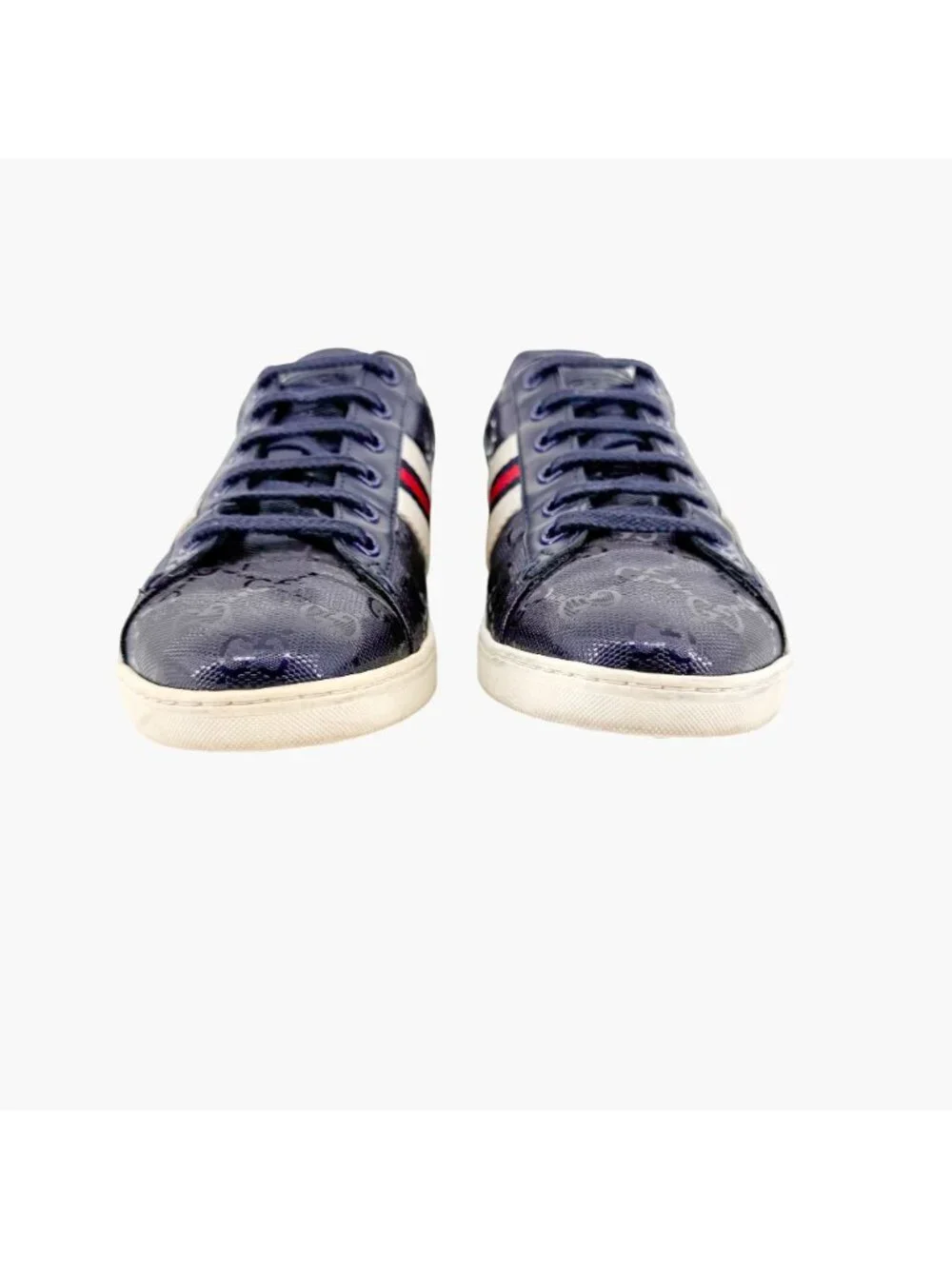 Gucci Low Top Sneakers EU 37 US 7 Navy Blue GG Monogram Impreme Logo Ace Shoe